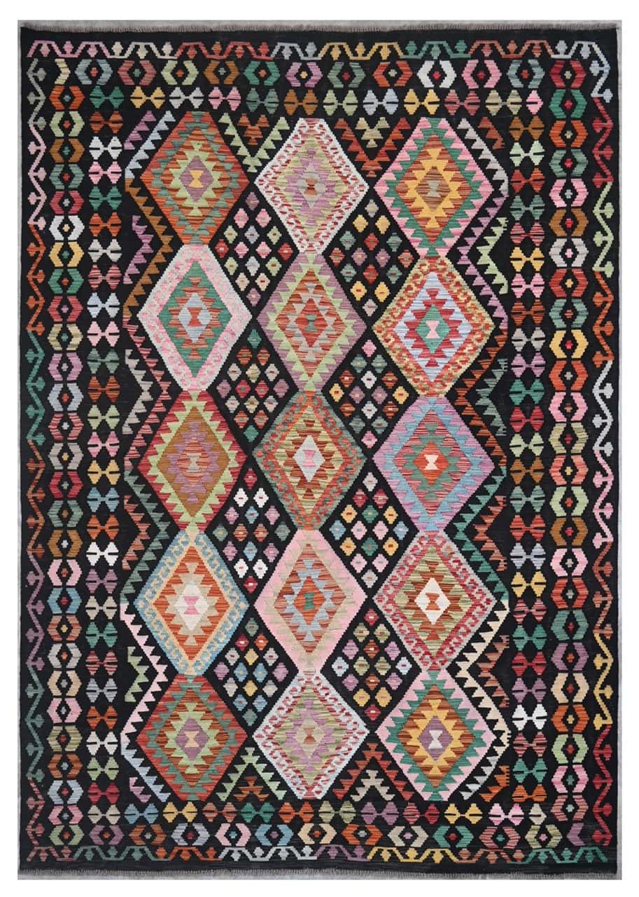 Tappeto Kilim Kaudani Afghan fatto a mano multicolore 309x209cm