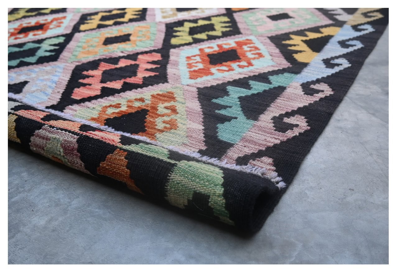 Tappeto Kilim Kaudani Afghan fatto a mano multicolore 294x204cm
