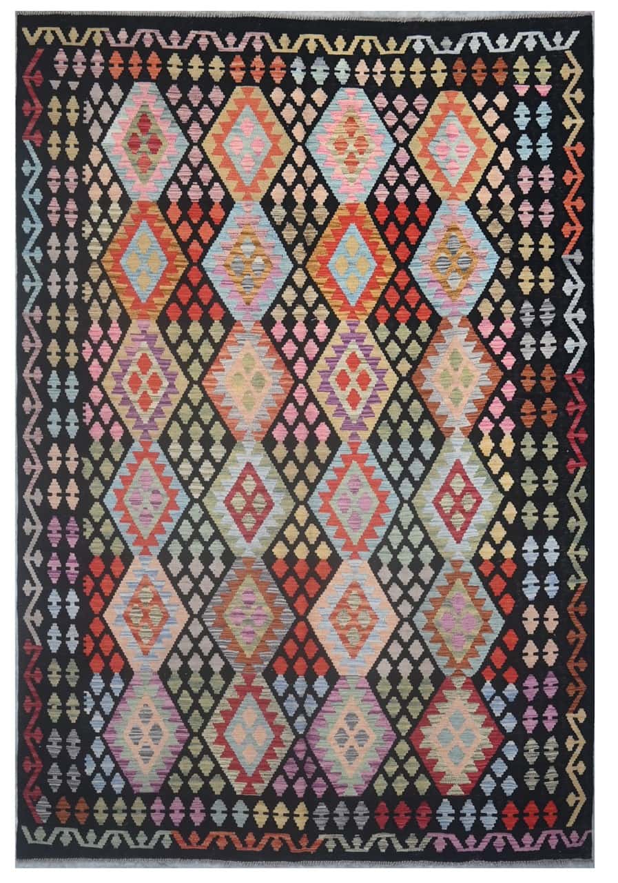 Tappeto Kilim Kaudani Afghan fatto a mano multicolore 302x204cm