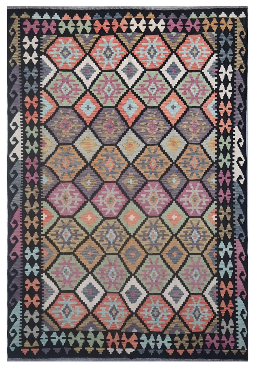 Tappeto Kilim Kaudani Afghan fatto a mano multicolore 304x200cm