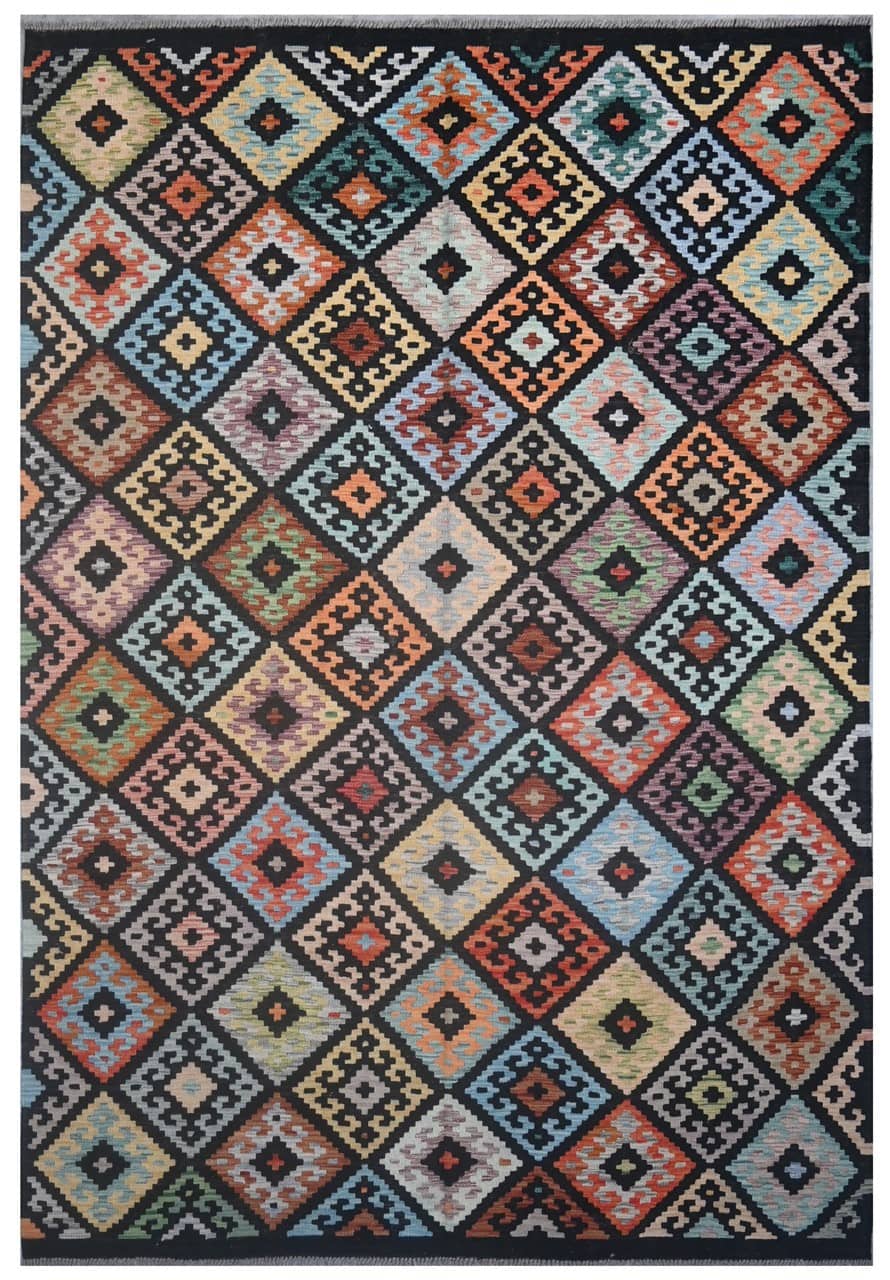 Tappeto Kilim Kaudani Afghan fatto a mano multicolore 297x205cm