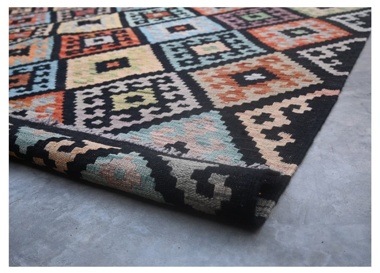 Tappeto Kilim Kaudani Afghan fatto a mano multicolore 297x205cm