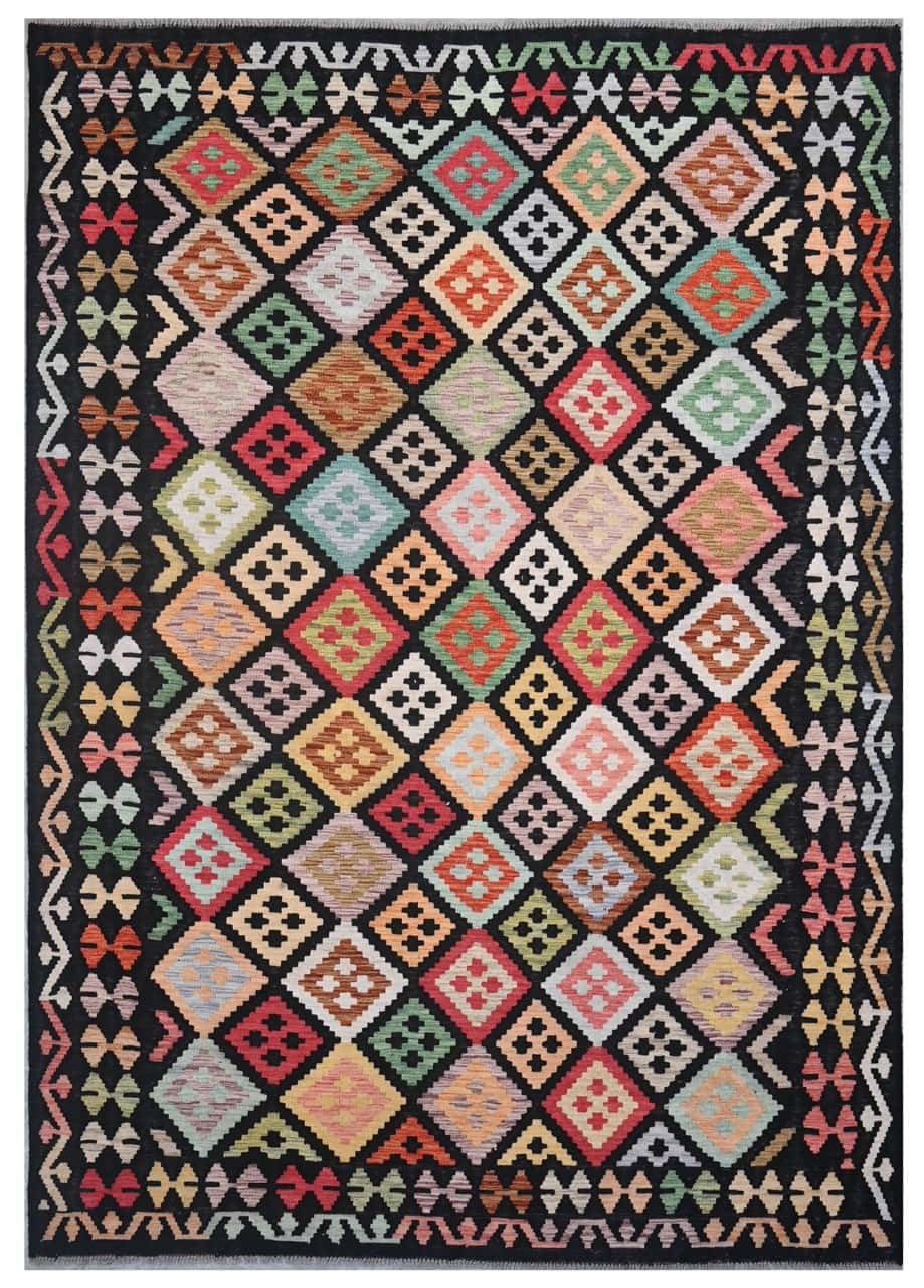 Tappeto Kilim Kaudani Afghan fatto a mano multicolore 294x205cm