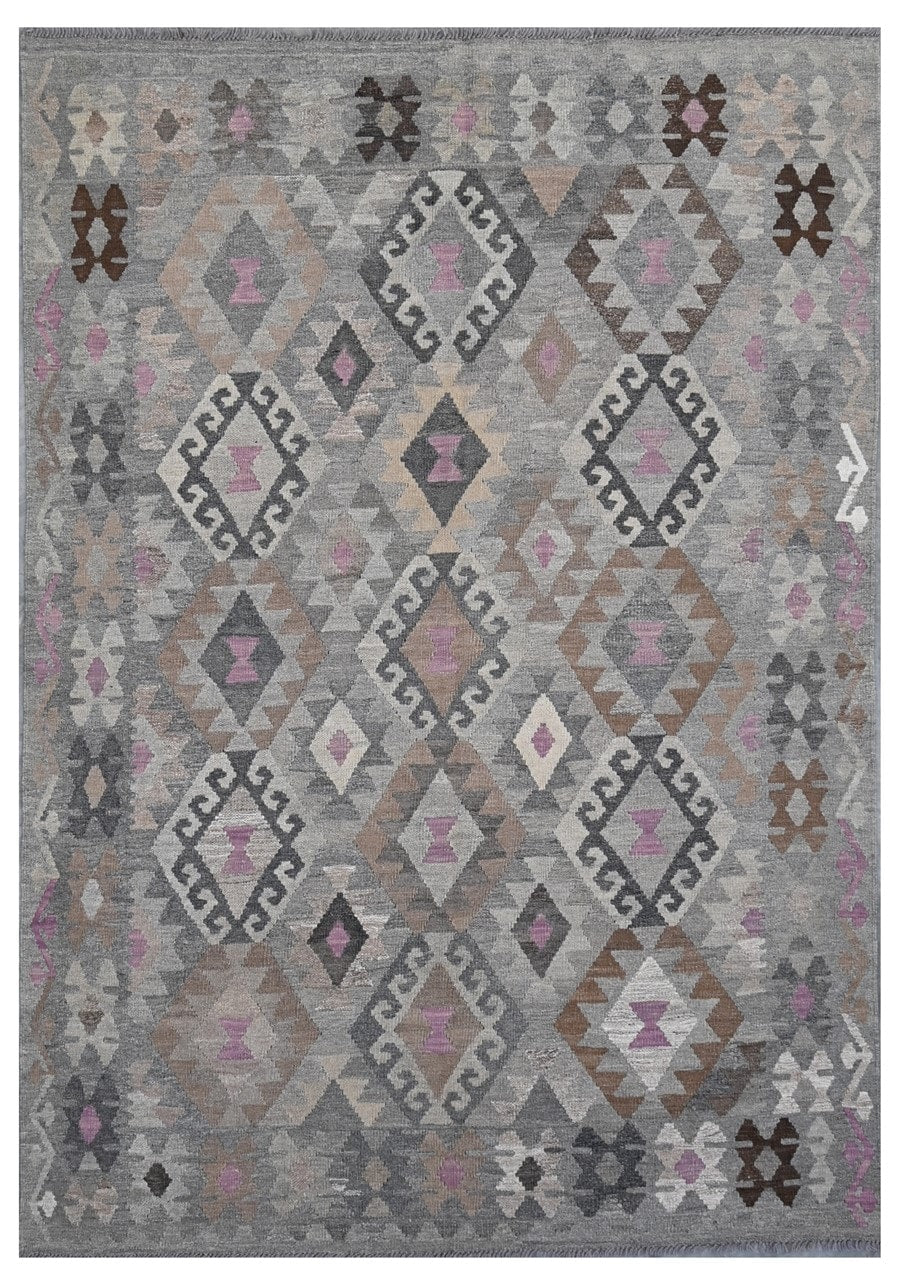 Tappeto Kilim Afghan Grigio Naturale, Fatto a mano, 240x168cm