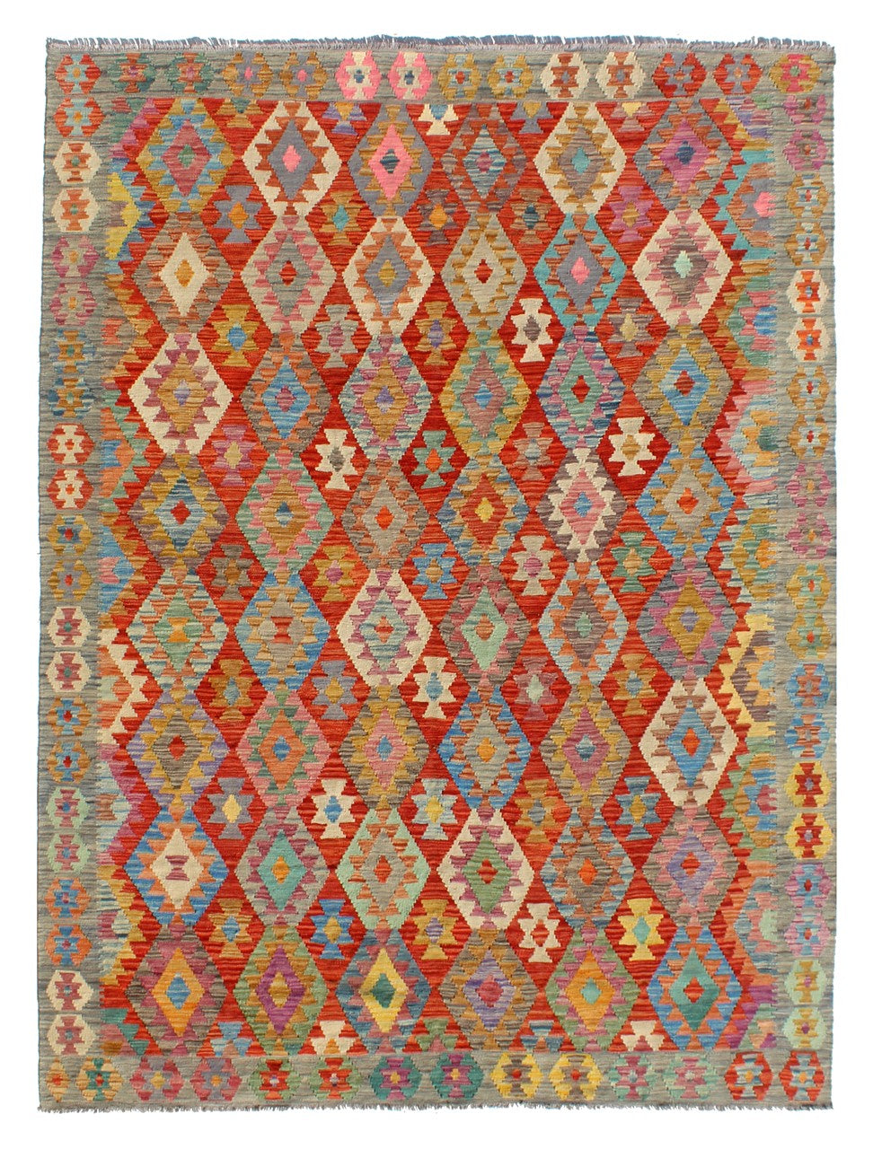 Tappeto Kilim Kaudani Afghan fatto a mano multicolore 302x202cm