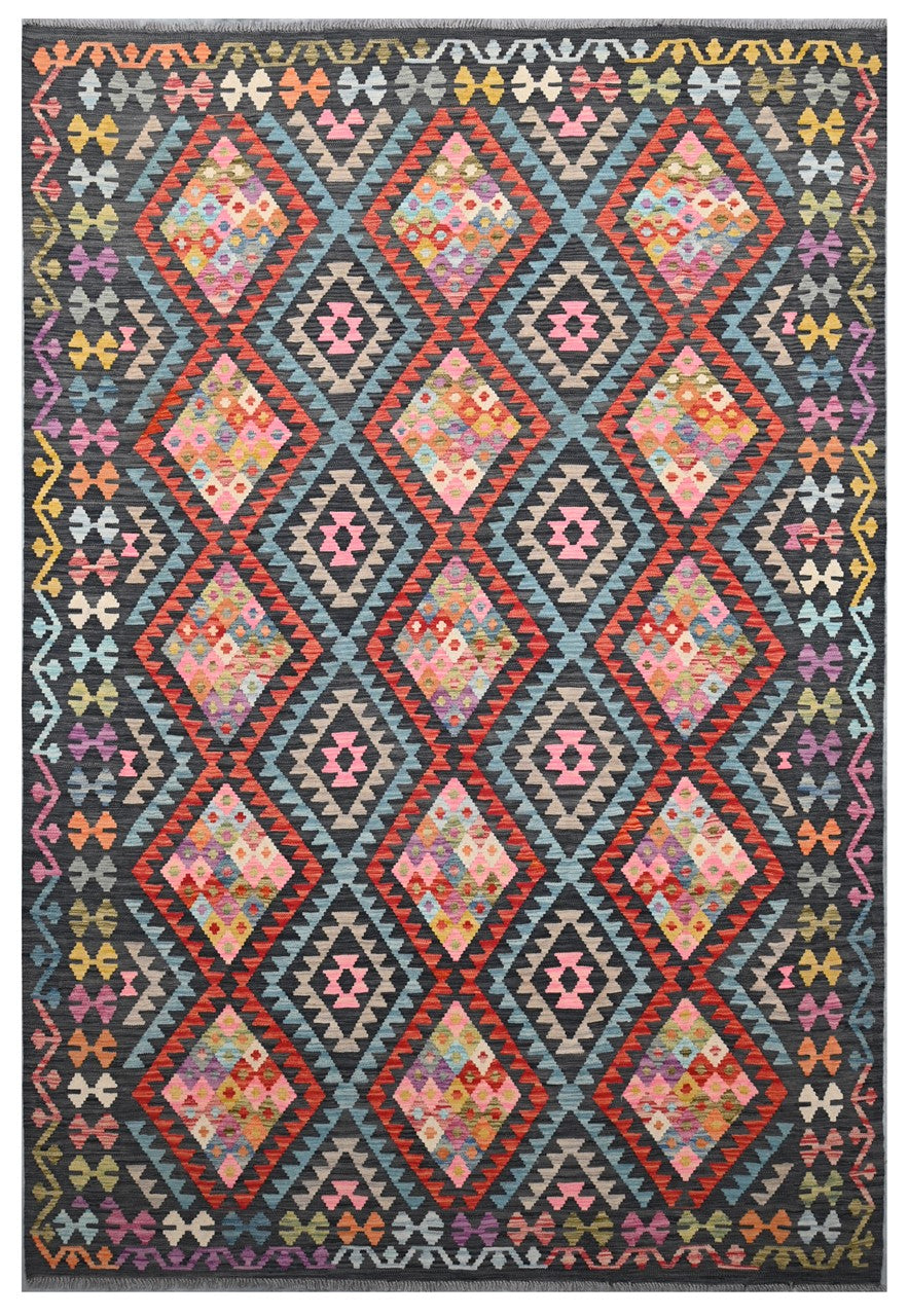 Tappeto Kilim Kaudani Afghan fatto a mano multicolore 300x207cm