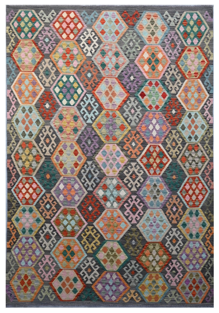 Tappeto Kilim Kaudani Afghan fatto a mano multicolore 299x207cm