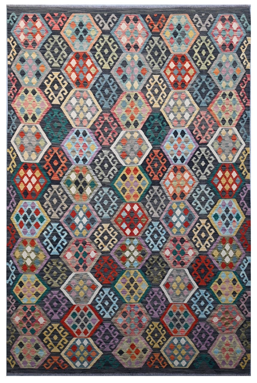 Tappeto Kilim Kaudani Afghan fatto a mano multicolore 303x201cm