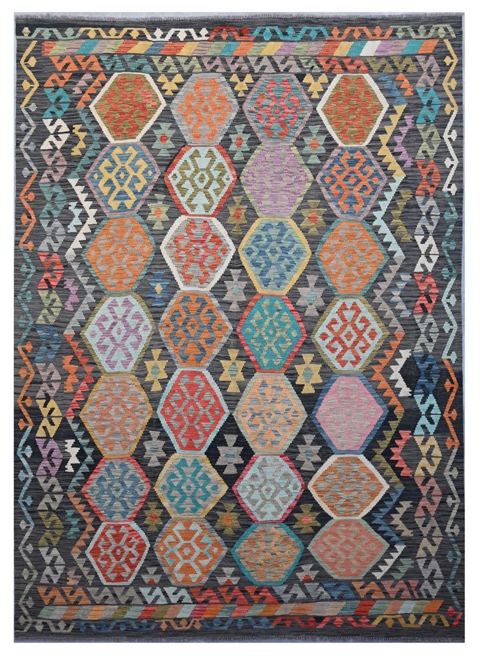 Tappeto Kilim Kaudani Afghan fatto a mano multicolore 298x216cm