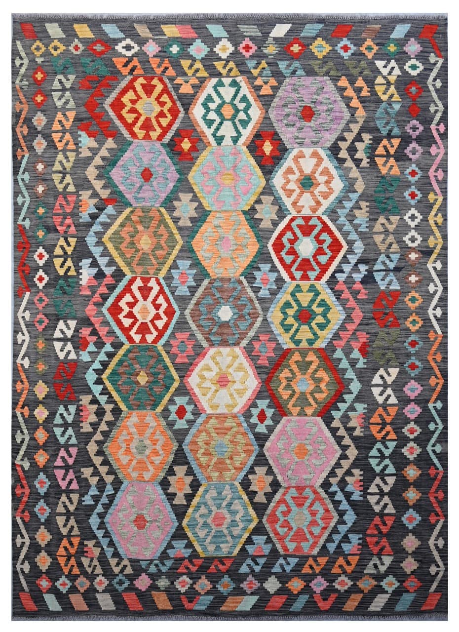 Tappeto Kilim Kaudani Afghan fatto a mano multicolore 291x205cm