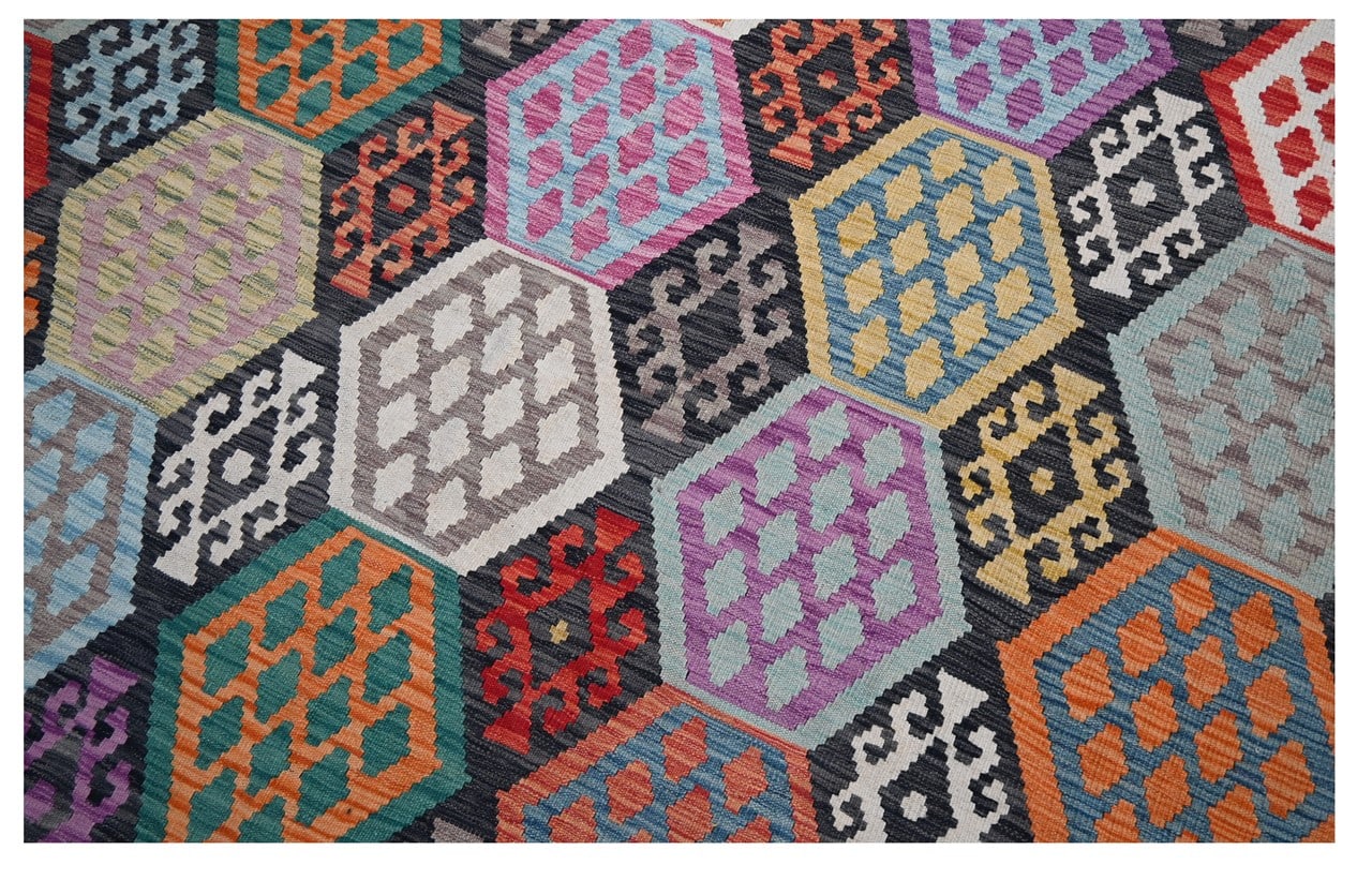 Tappeto Kilim Kaudani Afghan fatto a mano multicolore 300x207cm