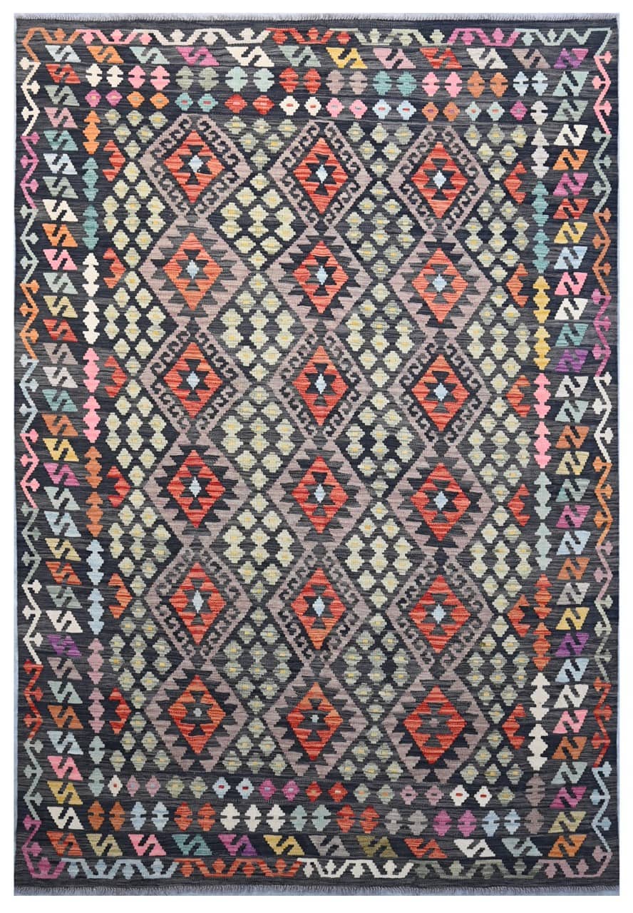 Tappeto Kilim Kaudani Afghan fatto a mano multicolore 295x203cm
