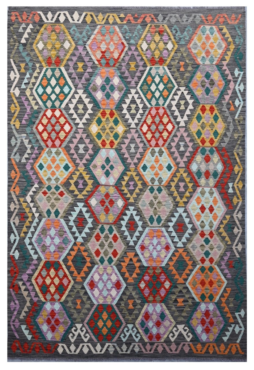 Tappeto Kilim Kaudani Afghan fatto a mano multicolore 304x201cm