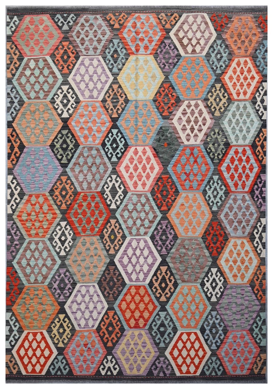 Tappeto Kilim Kaudani Afghan fatto a mano multicolore 301x210cm