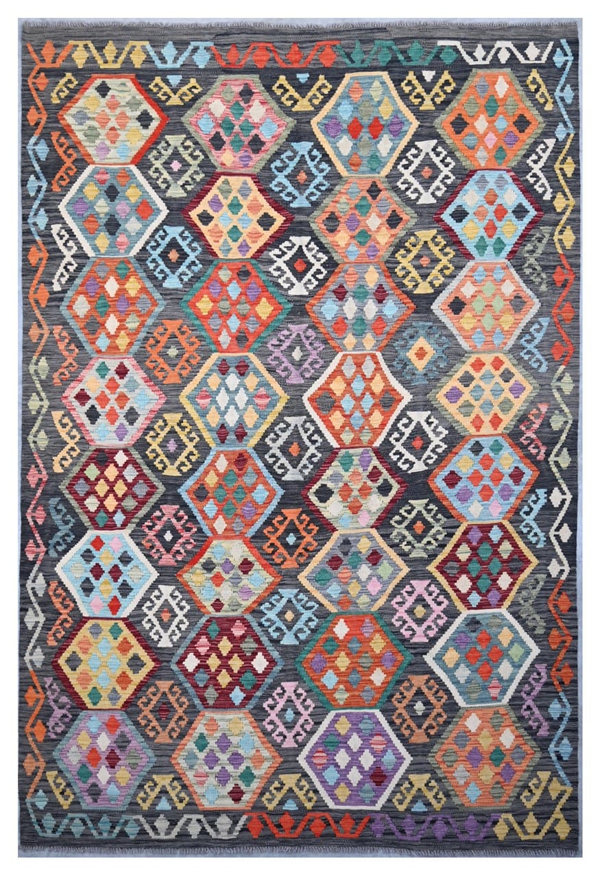 Tappeto Kilim Kaudani Afghan fatto a mano multicolore 300x200cm