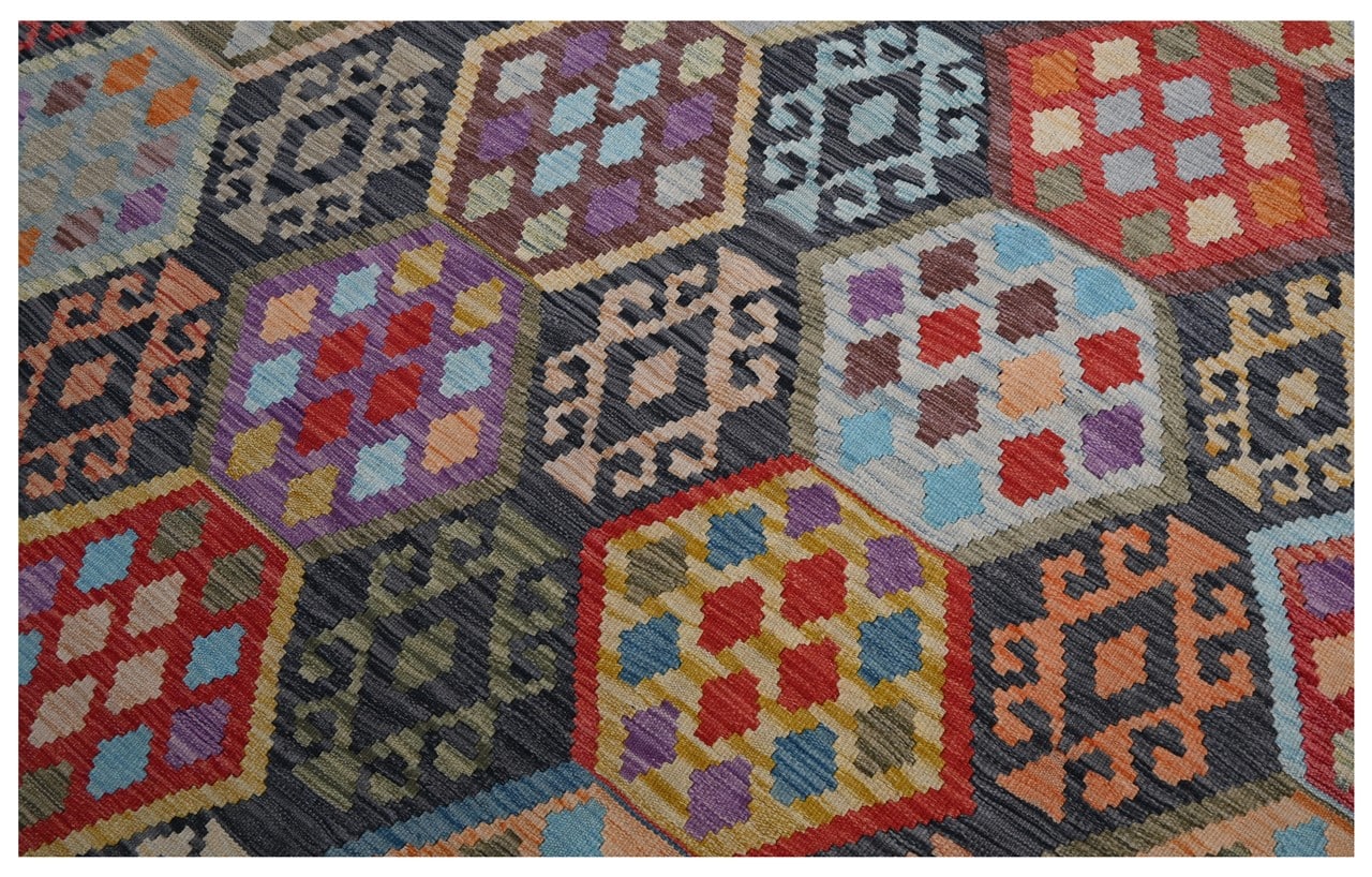 Tappeto Kilim Kaudani Afghan fatto a mano multicolore 290x210cm