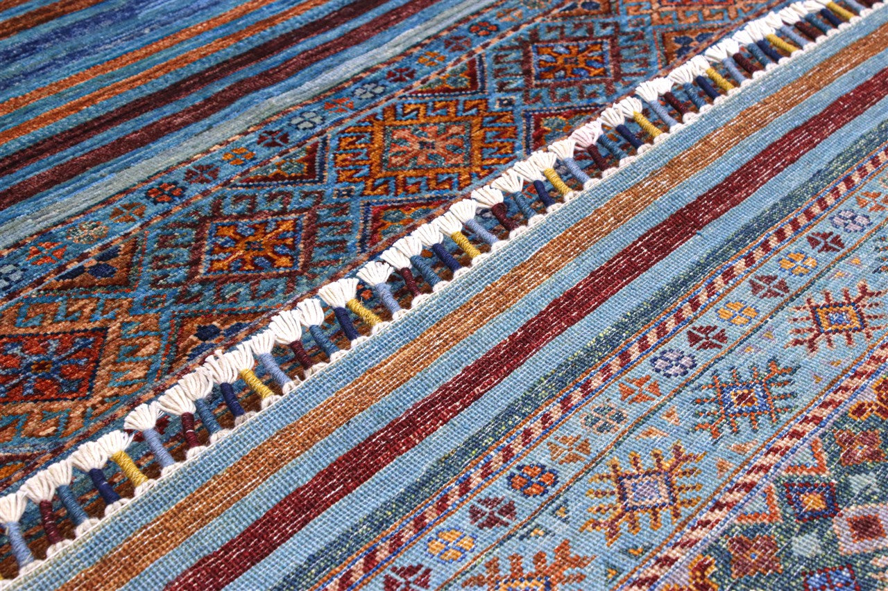 Afghan wool carpet blue, handmade 227x176cm