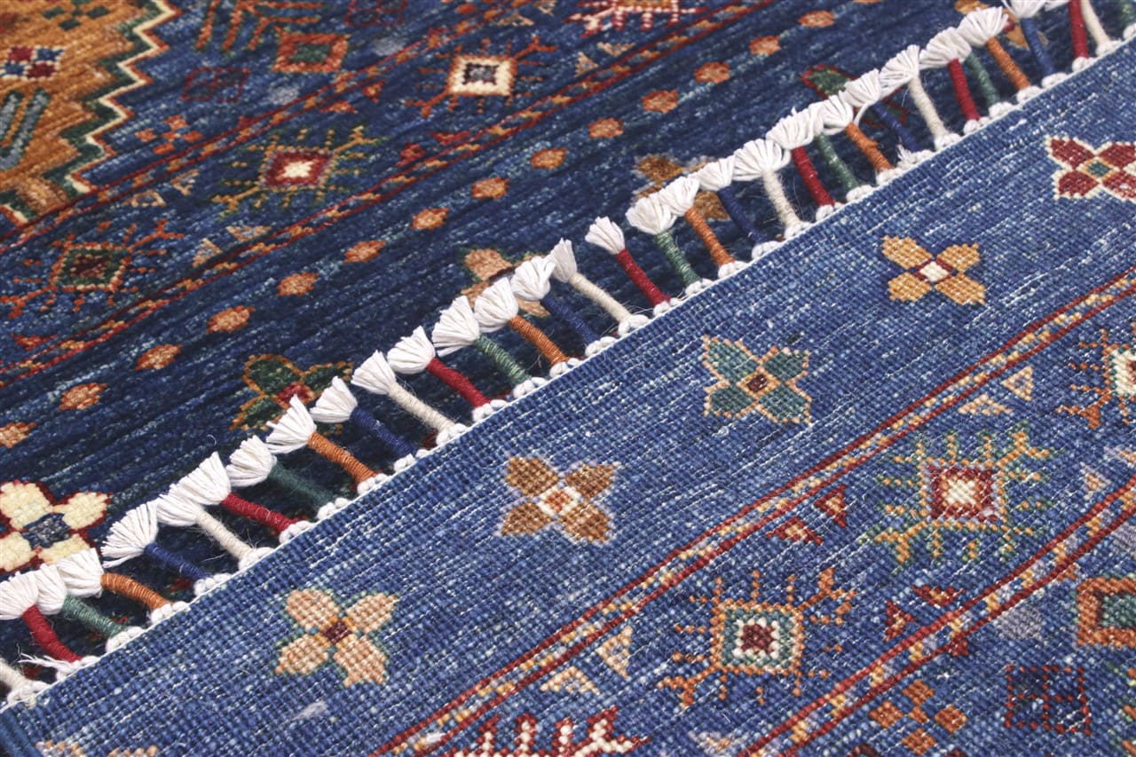 Afghan wool runner rug blue, handmade 189x66cm