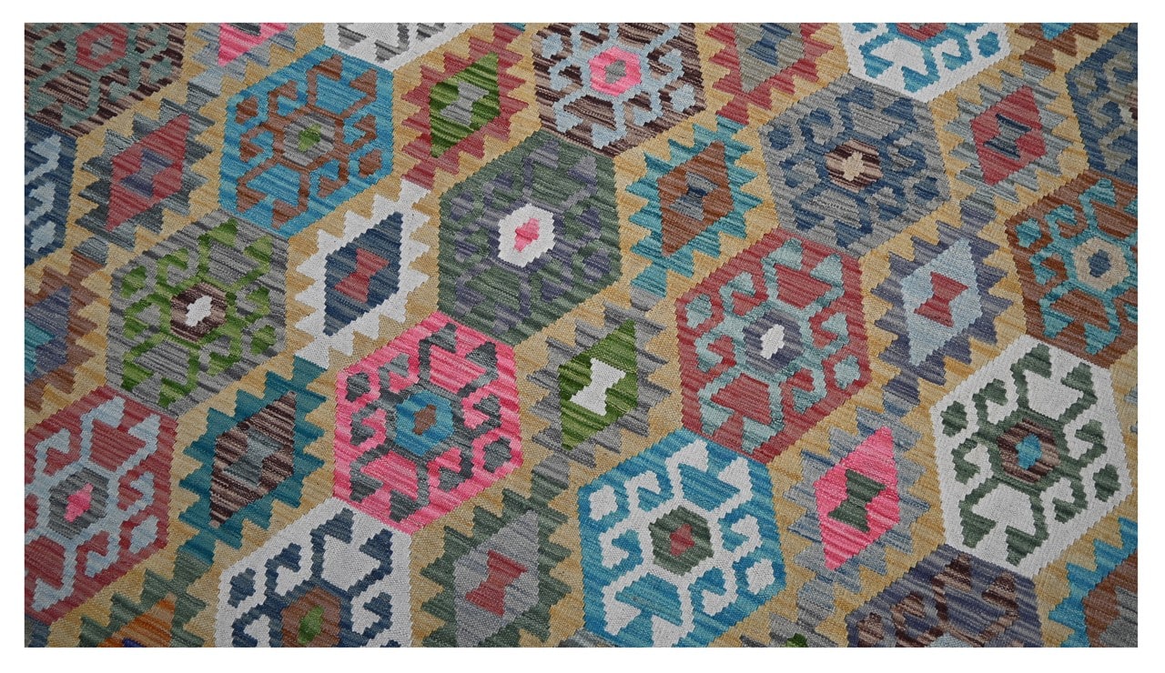 Tappeto Kilim Kaudani Afghan fatto a mano multicolore 302x208cm