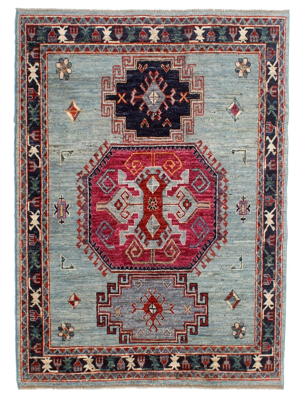 Classic Kazak carpet, Light Blue, handmade, 230x178cm