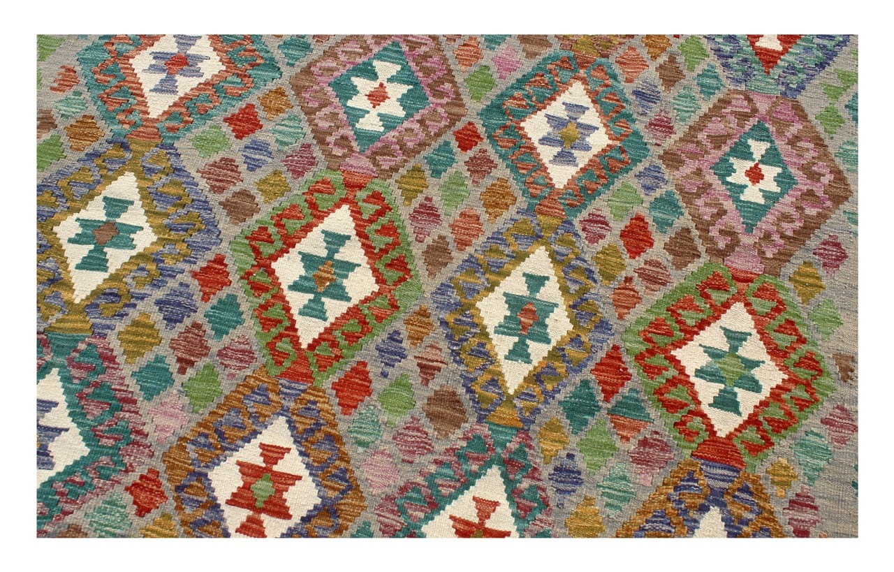 Tappeto Kilim Kaudani Afghan fatto a mano multicolore 297x201cm