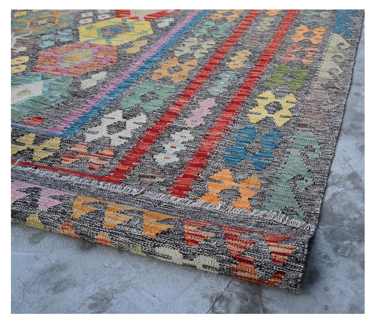 Tappeto Kilim Kaudani Afghan fatto a mano multicolore 291x251cm