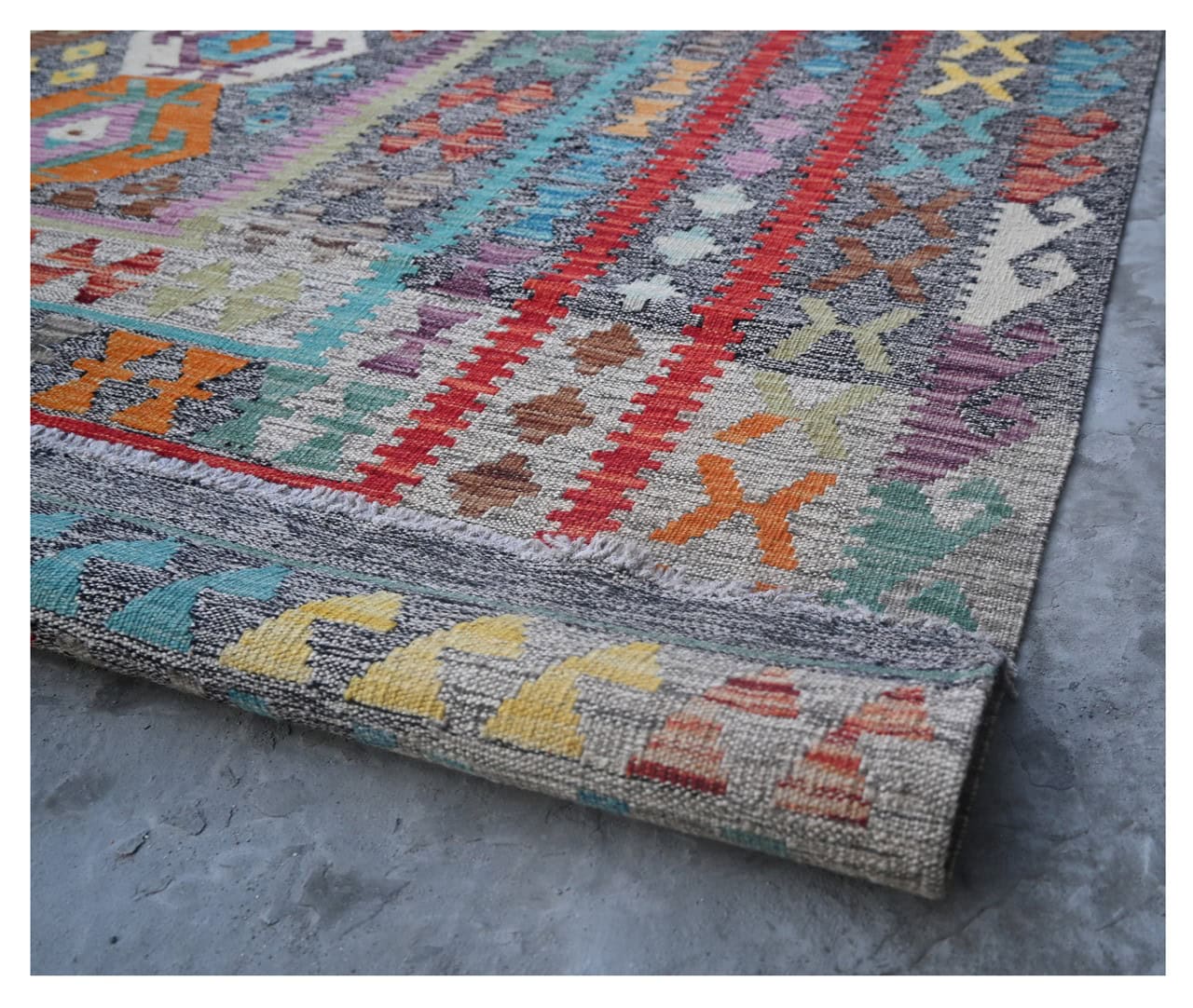 Tappeto Kilim Kaudani Afghan fatto a mano multicolore 352x248cm