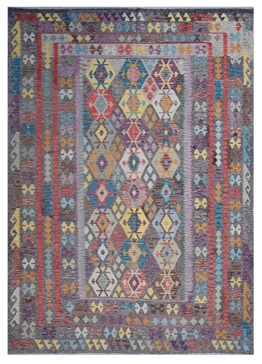 Tappeto Kilim Kaudani Afghan fatto a mano multicolore 354x252cm