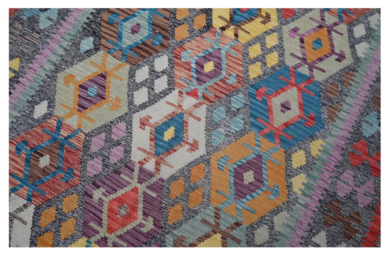 Tappeto Kilim Kaudani Afghan fatto a mano multicolore 354x252cm
