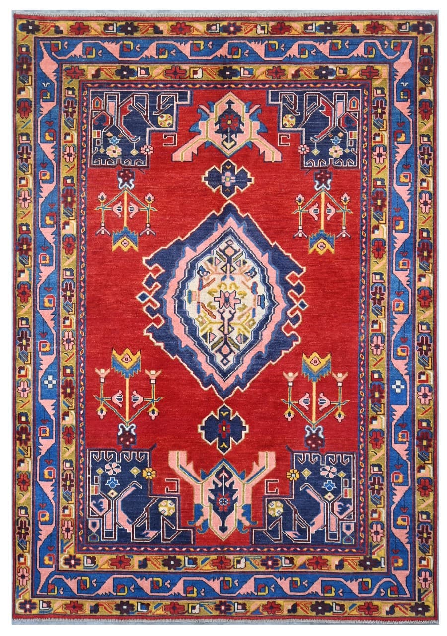 Classic Kazak carpet, Red Blue, handmade, 251x170cm