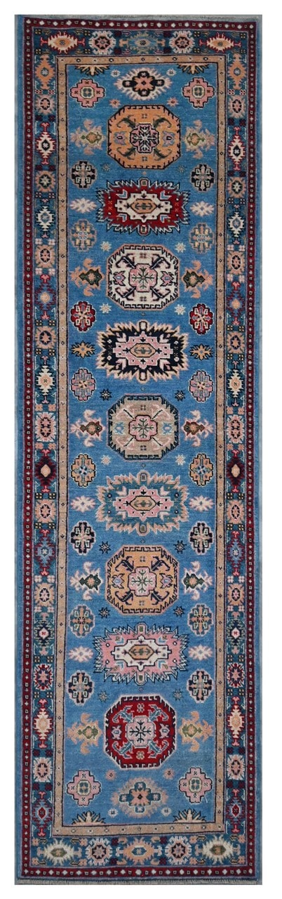 Tappeto Passatoia Kazak Classico, Multicolore, fatto a mano, 309x79cm