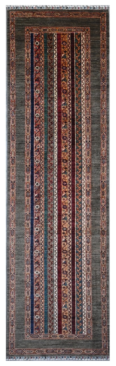Tappeto passatoia Afghan grigio in lana, fatto a mano 304x78cm