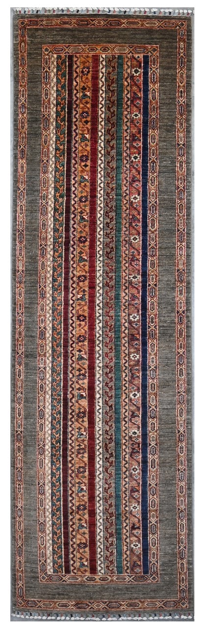Afghan wool runner rug grey, handmade 306x76cm