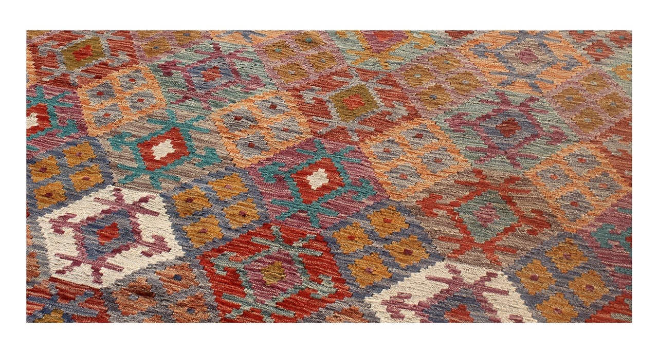Tappeto Kilim Kaudani Afghan fatto a mano multicolore 289x254cm