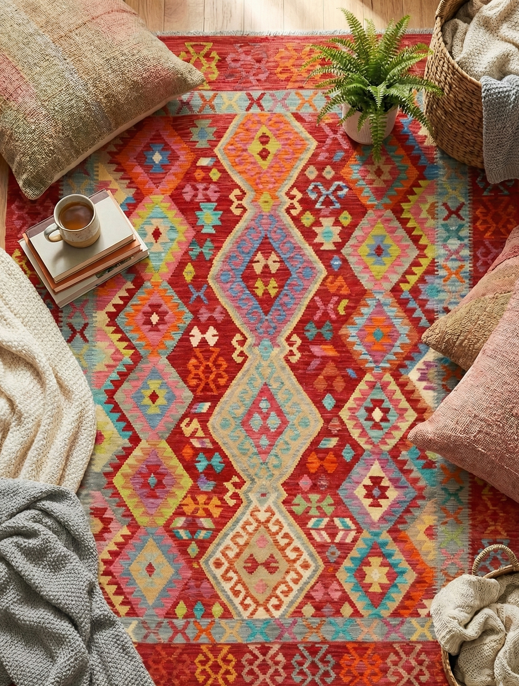 Tappeto Kilim Kaudani Afghan fatto a mano multicolore 302x203cm