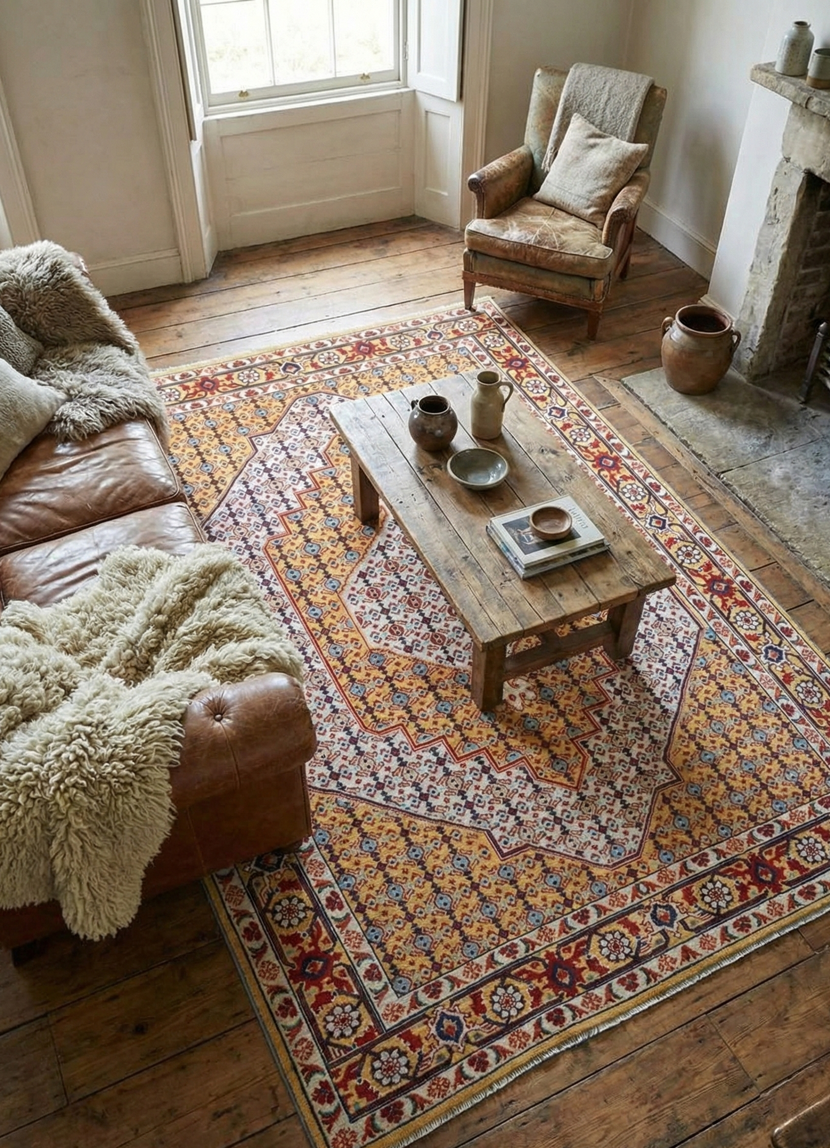 Classic Kazak carpet, Yellow, handmade, 241x172cm