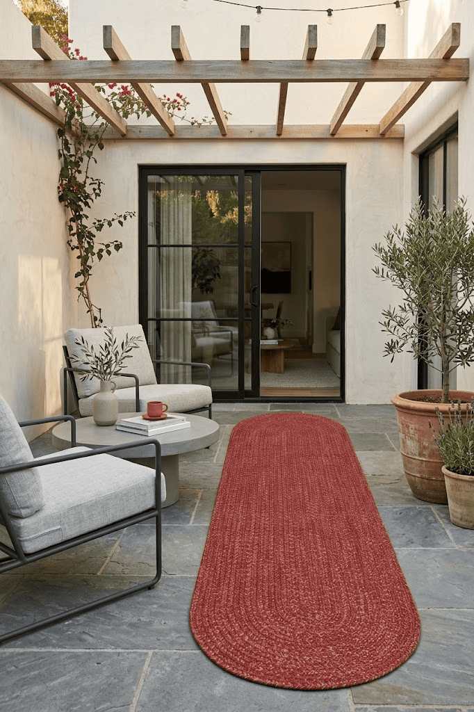 Oval outdoor rug in solid terracotta red, 200x60cm, suitable for indoor and outdoor use with a durable, textured surface.