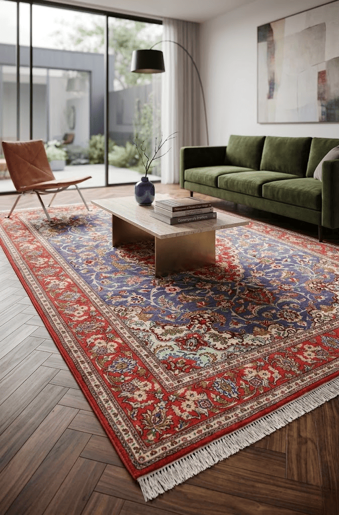 Tappeto in seta QUM persiano in ambiente elegante