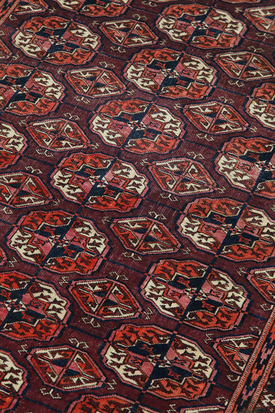 Antique Bouchara Oriental Rug: Authentic Turkmen Rug 241x143cm