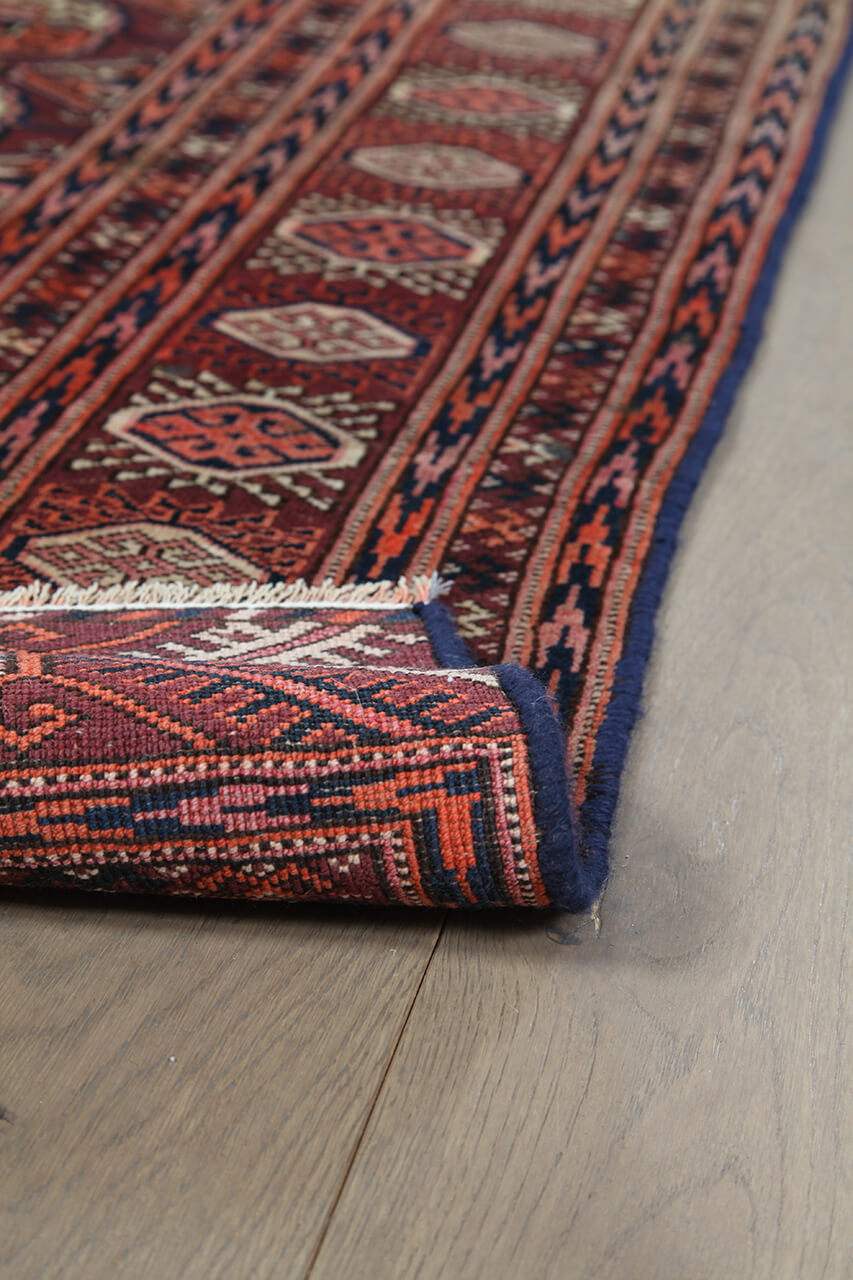 Antique Bouchara Oriental Rug: Authentic Turkmen Rug 241x143cm