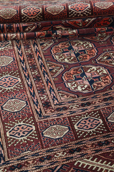 Antique Bouchara Oriental Rug: Authentic Turkmen Rug 241x143cm