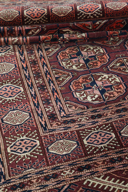 Antique Bouchara Oriental Rug: Authentic Turkmen Rug 241x143cm