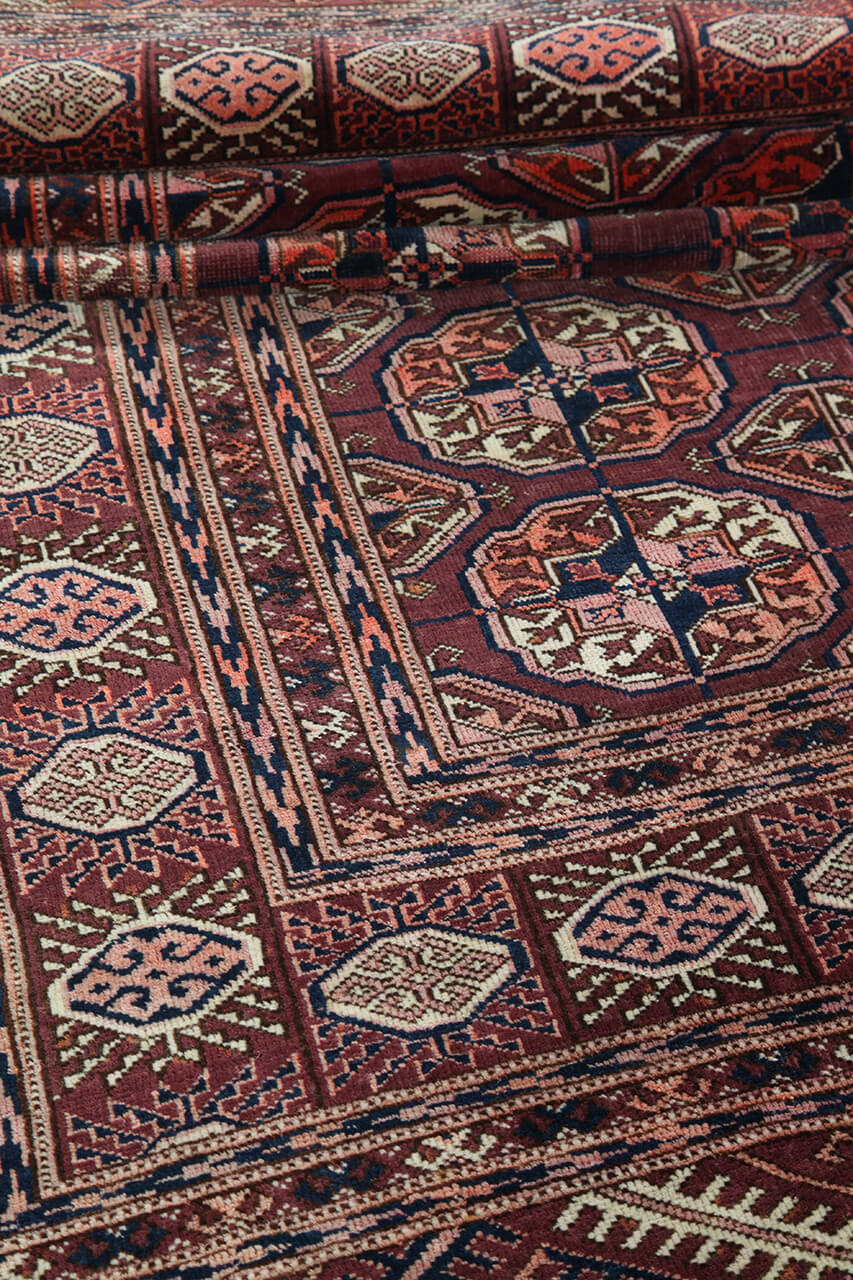 Antique Bouchara Oriental Rug: Authentic Turkmen Rug 241x143cm