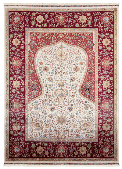 Tappeto Stile Orientale Qoum Shah - Effetto Seta - Disegno Classico - Rosso Crema - CarpetLiving