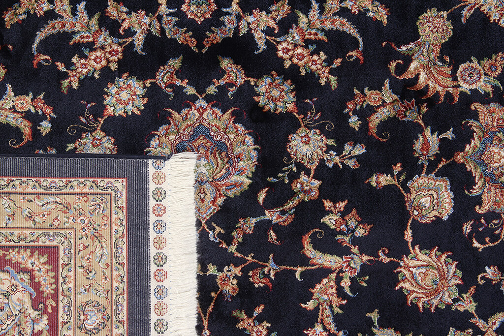 Tappeto Stile Orientale Qoum Shah - Effetto Seta - Disegno Classico - Blu Navy
