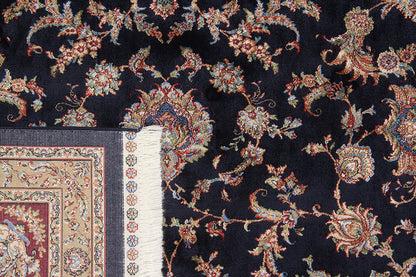 Tappeto Stile Orientale Qoum Shah - Effetto Seta - Disegno Classico - Blu Navy