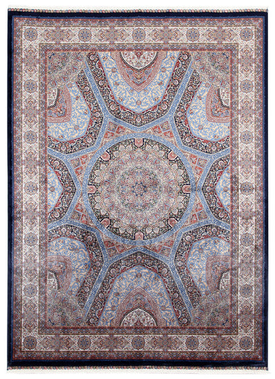 Tappeto Stile Orientale Qoum Shah 3 - Effetto Seta - Disegno Classico - Blu Navy - CarpetLiving