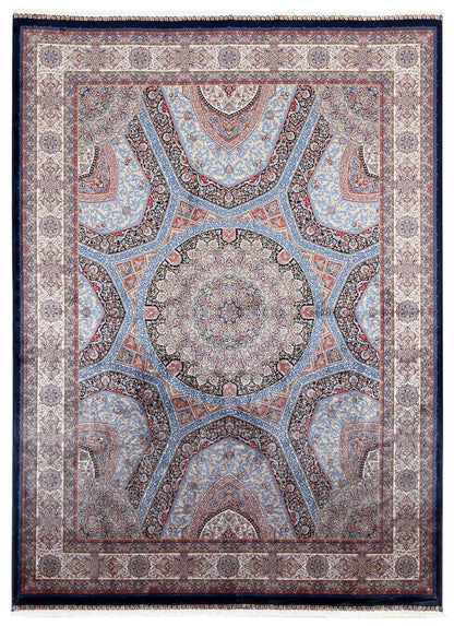 Tappeto Stile Orientale Qoum Shah 3 - Effetto Seta - Disegno Classico - Blu Navy