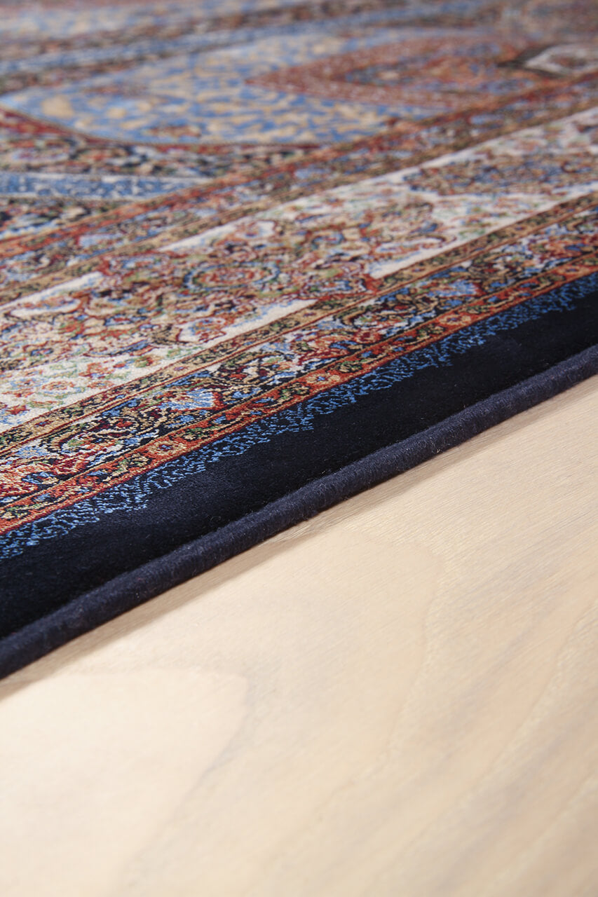 Tappeto Stile Orientale Qoum Shah 3 - Effetto Seta - Disegno Classico - Blu Navy