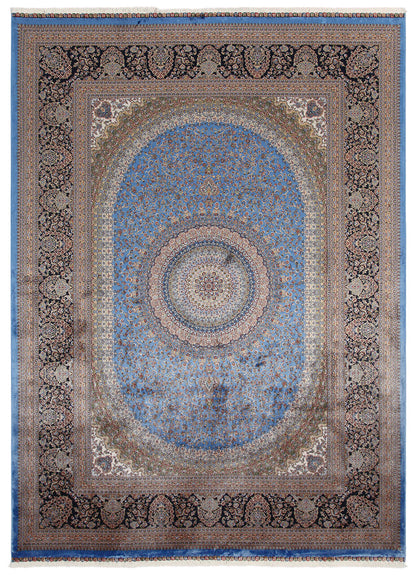 Tappeto Stile Orientale Qoum Shah - Effetto Seta - Disegno Classico - Blu